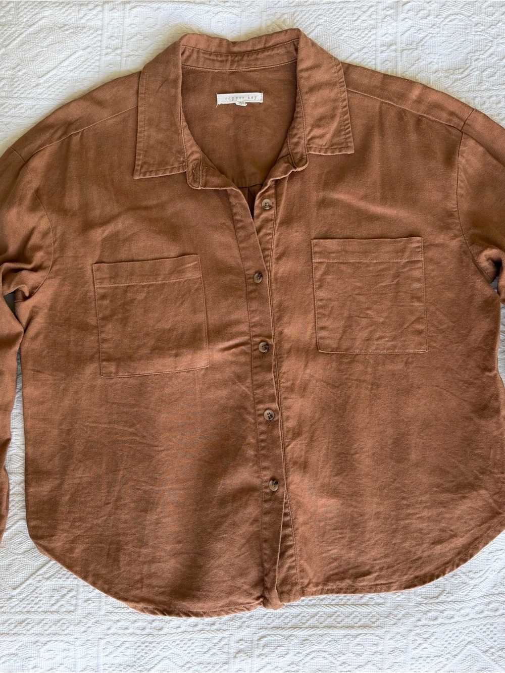 Linen Blend Bronze Button-up, boutique brand, size L slight crop